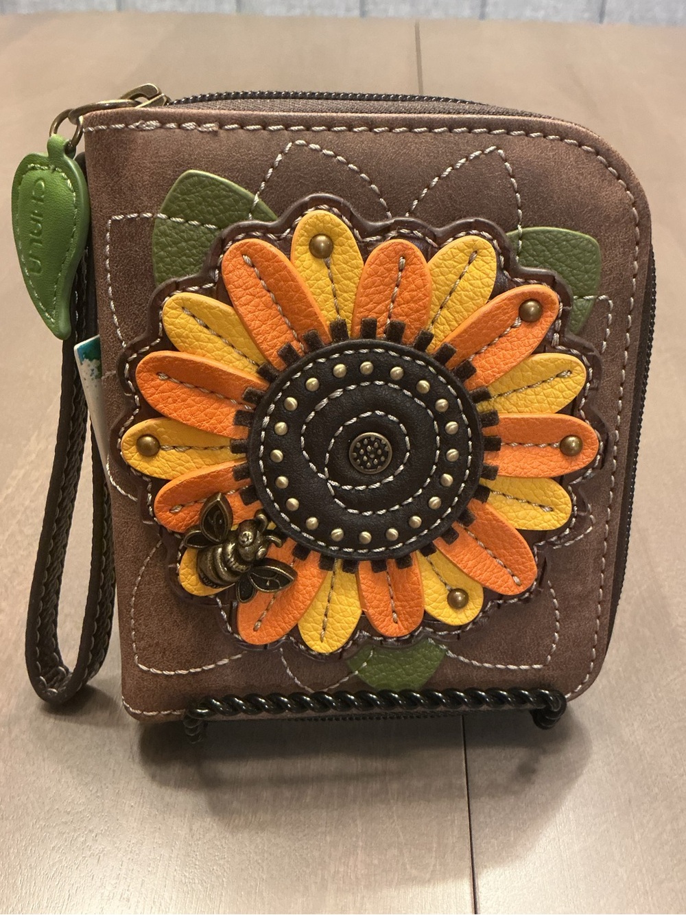 Chala Sunflower/Bee Appliqué Zip Wristlet Wallet Brown with Orange & Yellow NWT